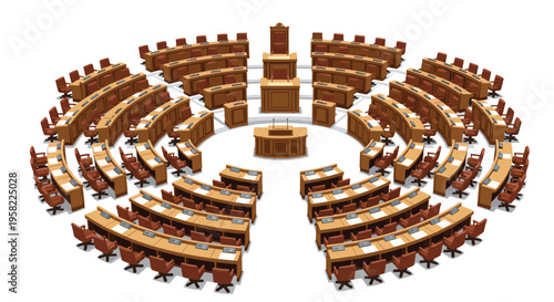 A colorful illustration depicts a circular conference room with tiered brown desks and red chairs surrounding a central podium.