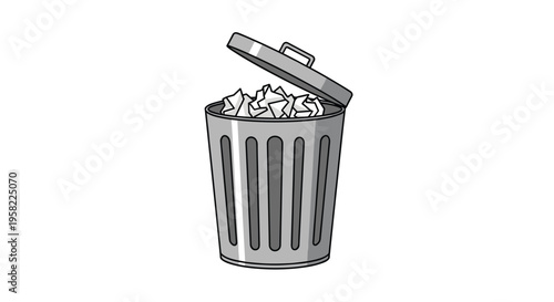 A grey trash can filled with crumpled paper stands with its lid ajar on a clean white background.