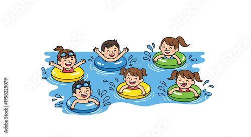 Six joyful children are happily splashing in a blue pool, each floating in a distinctively colored inner tube.