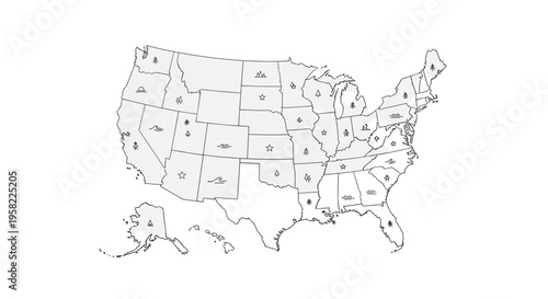 A detailed outline map of the entire United States, with each state containing a unique black outline symbol, is presented.