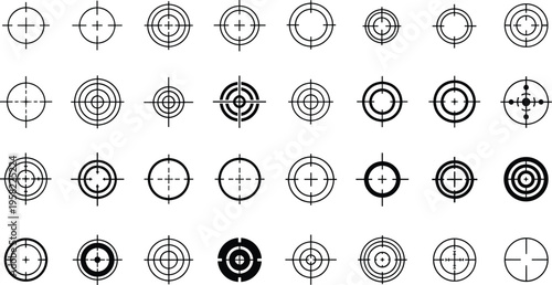 Flat vector crosshair target icons set, black line style, concentric circles and aiming designs, precision focus, modern graphic illustration