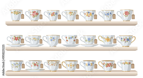 Twenty-one white teacups with floral patterns and tea bag tags are displayed on three light wooden shelves.