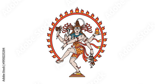 Lord Shiva as Nataraja dances dynamically within a vibrant red ring of fire, crushing a small Apasmara figure.