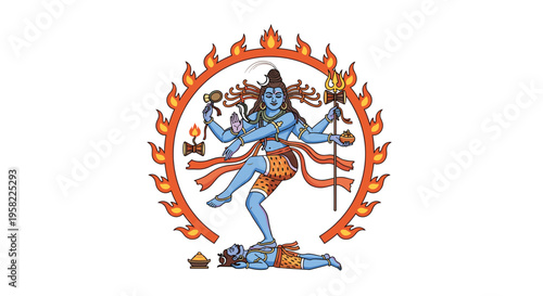 Blue-skinned Lord Shiva as Nataraja performs a vigorous dance within a fiery aureole, stepping on a recumbent Apasmara figure.