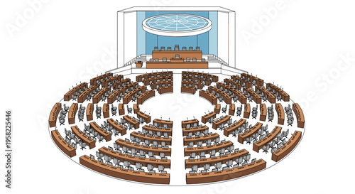 A line-art illustration with subtle coloring shows an empty international conference hall with concentric rows of desks and chairs facing a stage.