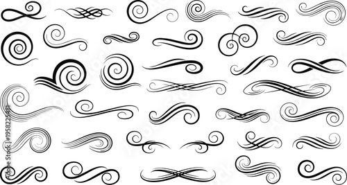 Decorative swirl ornament icon collection, flourish vector artwork set, elegant curve design graphic, ornamental illustration symbol, flat vector illustration