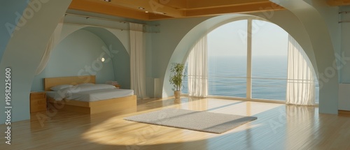 The design features a light green theme with wooden furniture, a large bed, and a view of the ocean through arched windows
