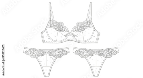 A white line art drawing shows a matching lingerie set with a bra and two thong briefs featuring floral lace and polka dots.