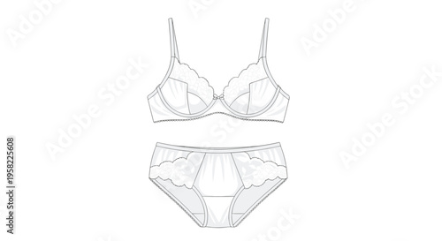 A white line art drawing shows a matching lingerie set with a bra and briefs featuring scalloped lace trim.