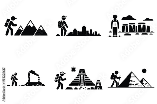 Travel landmarks and hiking adventure icons set with mountains city pyramids and ruins