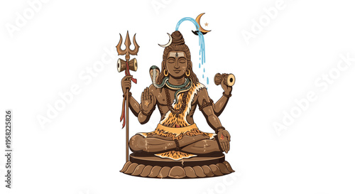 Lord Shiva is depicted in a meditative posture, seated cross-legged on a lotus base, with water flowing from his hair and holding a trident and drum.