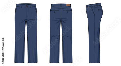 A pixel art illustration showing front, back, and side views of blue men's dress pants on a white background.