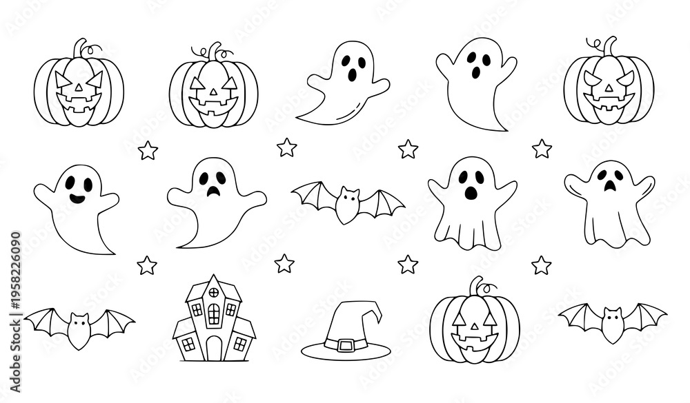 Fototapeta premium Cute Halloween linear icon set pumpkins ghosts bats vector