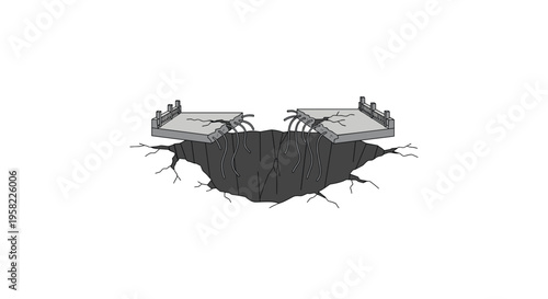A pixel art broken bridge with exposed rebar over a dark chasm with cracked earth on a white background.