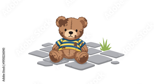 A pixel art brown teddy bear wearing a striped shirt sits on grey paving stones with green grass on a white background.