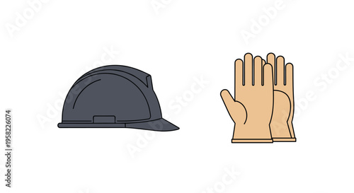 A gray hard hat and a pair of beige work gloves are displayed as pixel art safety gear on a white background.