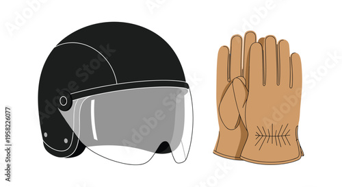 A black motorcycle helmet with a clear visor and a pair of brown leather gloves are displayed on a white background.