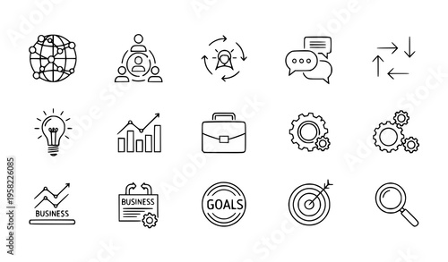 Global business linear icon set teamwork growth vector