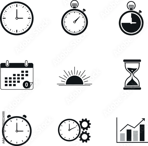 Various time related icons including clocks calendars and a sundial