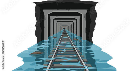 A dark train tunnel entrance with concrete supports recedes into the distance, featuring railway tracks partially submerged in flowing blue water.