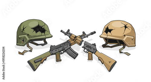 Two broken military helmets with star-shaped holes flank two crossed, damaged assault rifles on a white background.