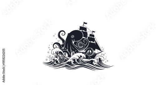 A black and white illustration shows a stylized octopus with swirling tentacles interacting with a classic sailing ship in choppy waves.