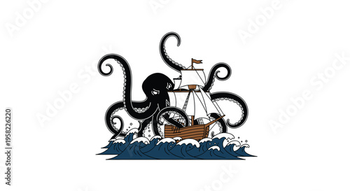 A colorful illustration shows a black octopus with prominent tentacles surrounding a brown wooden sailing ship in dark blue waves.