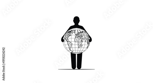 A black silhouette of a person holds a wireframe globe with a detailed world map at torso level on a white background.