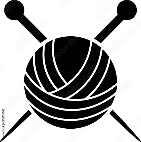 Black and white illustration of a yarn ball with knitting needles