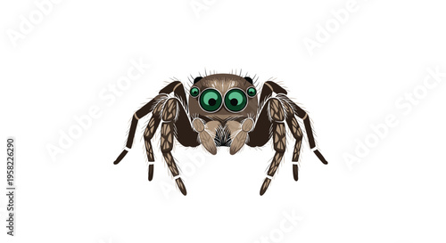 A cartoonish brown jumping spider with large green eyes is centered on a clean white background.