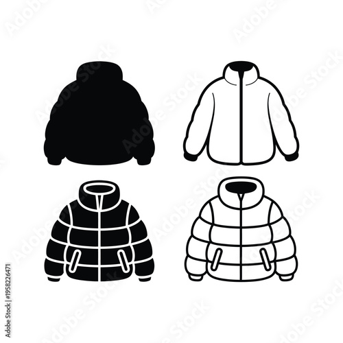 Winter puffer jacket icon set with silhouette and line art styles.