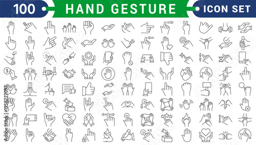 Set of line icons related to Hand gesture, zoom, move, tap, click. Outline icons collection. Editable stroke. Vector illustration.