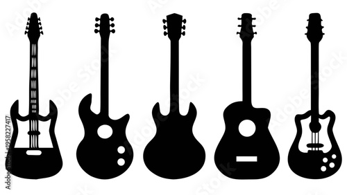 A curated selection of five different black guitar silhouettes, comprising both traditional acoustic and modern electric instrument designs, arranged upright on a clean white backdrop.
