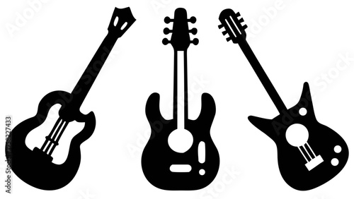 An artful composition featuring three black guitar silhouettes, including an acoustic and two electric designs, arranged with varying angles to create a dynamic and visually engaging musical display.