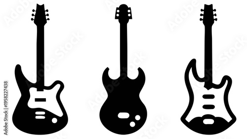 A collection of three uniquely shaped black electric guitar silhouettes, showcasing various distinct body contours and details, perfectly arranged to emphasize their iconic designs.