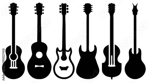 A comprehensive array of six black guitar silhouettes, encompassing both acoustic and electric models with varied body shapes and internal cutouts, presented neatly against a white background.