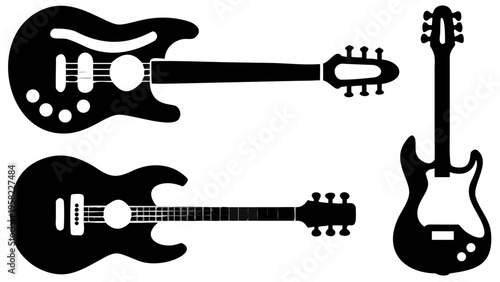 A dynamic layout presenting three black guitar silhouettes, with two electric guitars positioned horizontally and one classic style standing vertically, capturing musical versatility.
