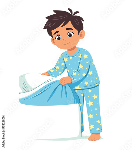 Child making bed in the morning routine. Cute boy making his bed, daily morning routine, responsibility and habits concept, cartoon flat vector illustration.