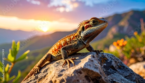 Close-up of a Bearded Dragon Lizard on a Rock at Sunset.