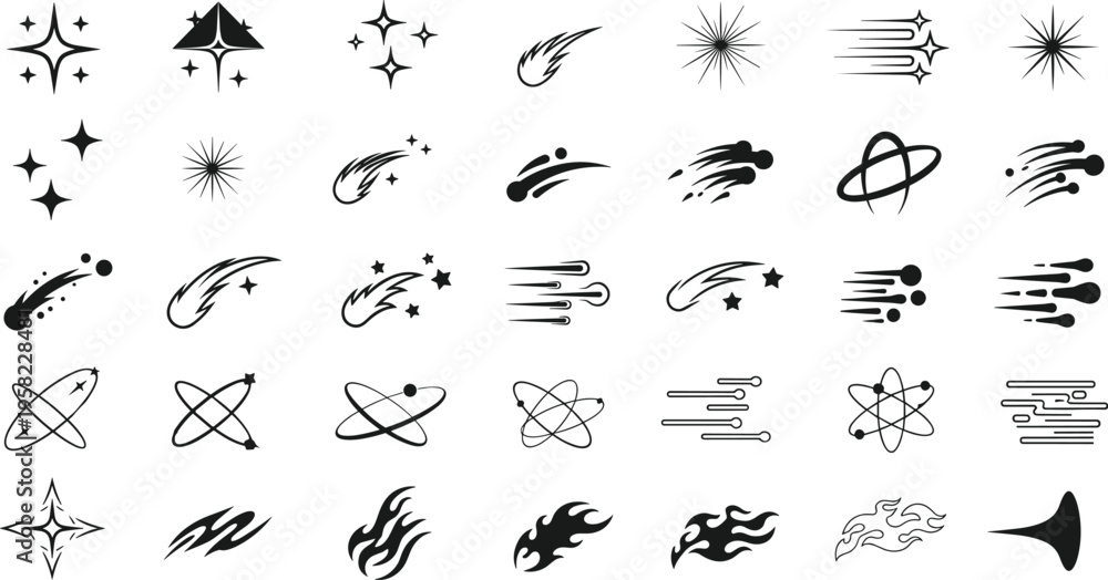 Fototapeta premium Space abstract icon collection, cosmic vector artwork set, scientific design graphic, celestial illustration symbol, flat vector illustration