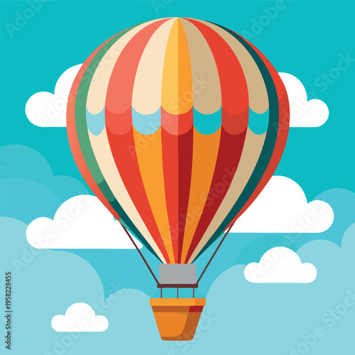 Flat vector illustration of colorful hot air balloon flying in the sky with clouds,