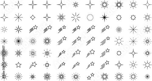 Star sparkle icon collection, celestial burst vector artwork set, cosmic design graphic, decorative illustration symbol, flat vector illustration
