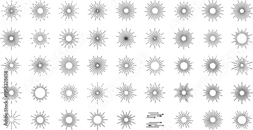 Sunburst radial icon collection, circular vector artwork set, decorative pattern design graphic, dynamic motion illustration symbol, flat vector illustration