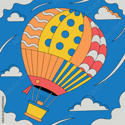 Flat vector illustration of colorful hot air balloon flying in the sky with clouds,