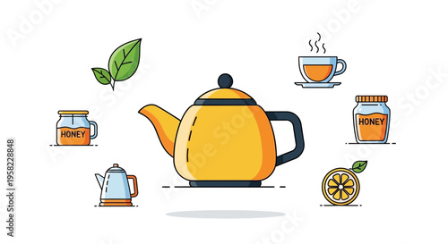 Yellow teapot with tea accessories around.