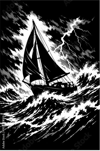 black and white sailing ship