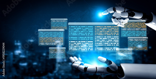 Fotografie A pair of futuristic robotic hands interact with glowing digital data interfaces, symbolizing advanced technology and innovation in a modern landscape