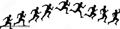 Silhouette sequence of runner in motion arc, illustrating sprint biomechanics from crouch to stride for sports science, animation, and training design