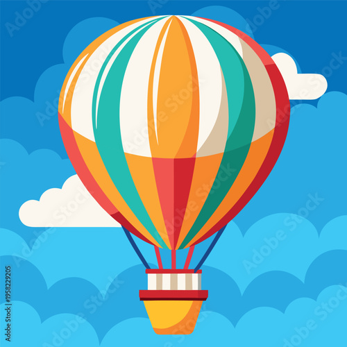 Flat vector illustration of colorful hot air balloon flying in the sky with clouds,