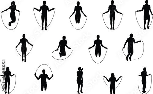 Silhouettes of people exercising with jump ropes in various poses, fitness activity motion, isolated black vector icon illustration on white background